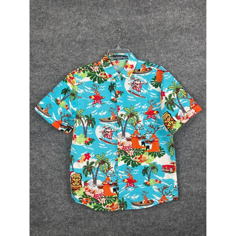 SSLR Button Down Shirt Mens S Blue Excellent Surfing Santa Christmas Tropical